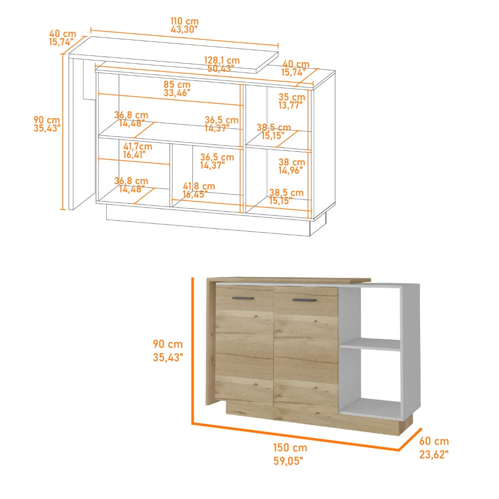 2-Piece White and Light Oak Kitchen Island and Pantry Cabinet Y4178