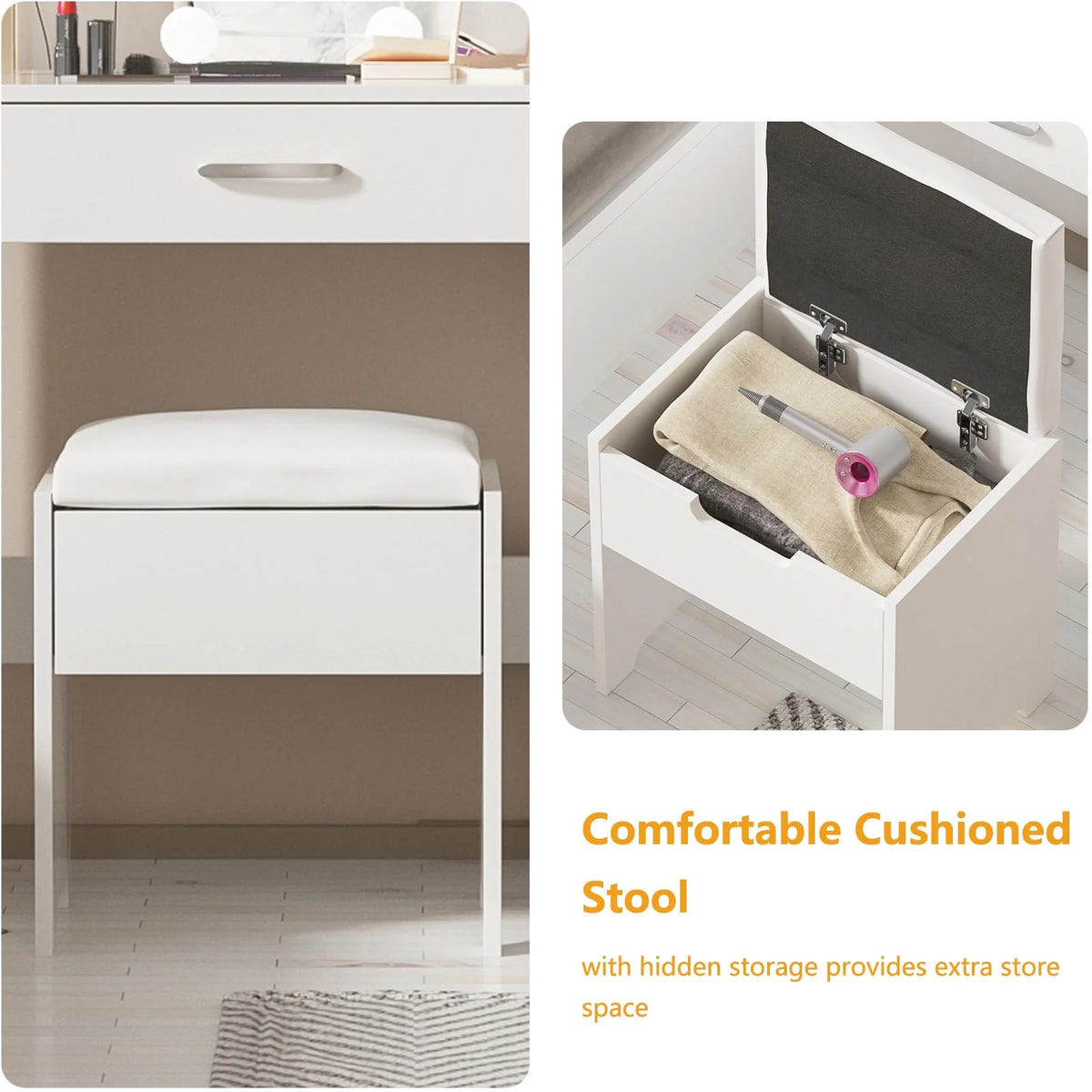 White Makeup Vanity Table Set with Lighted Mirror and Stool L27358