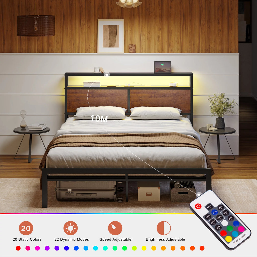 Queen Size Metal Platform Bed Frame with Wooden Headboard M89649
