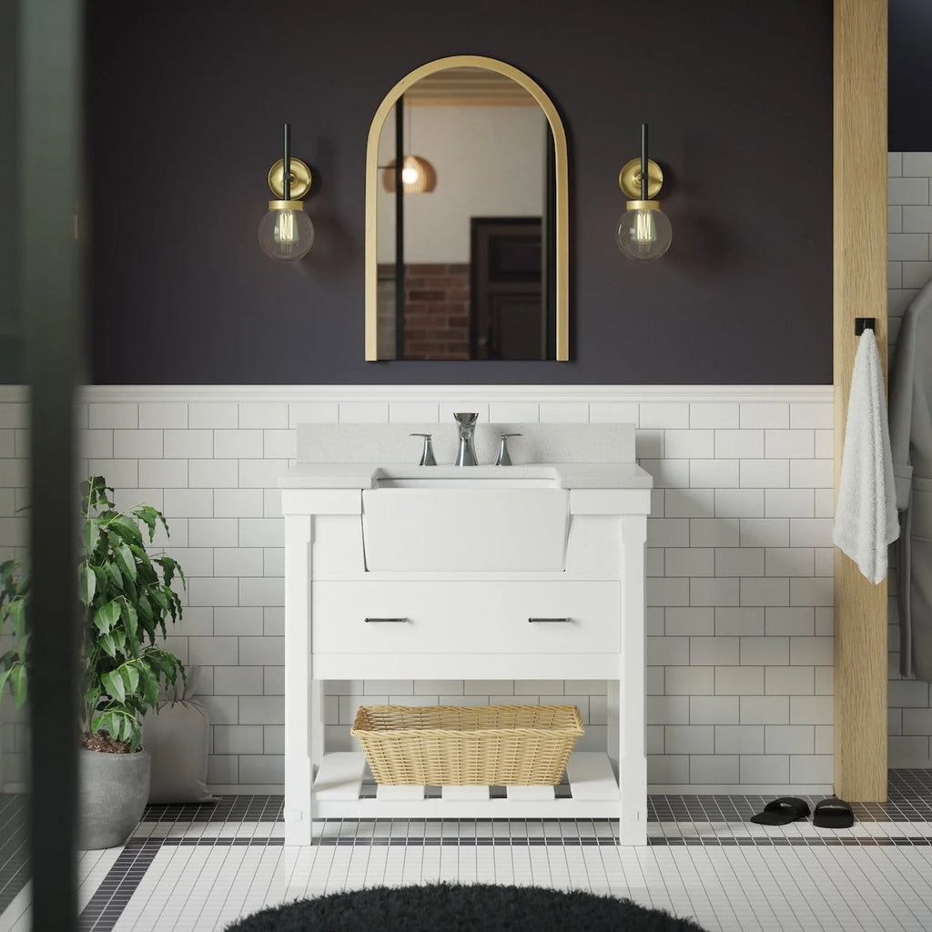 36" Bathroom Vanity with White Cabinet and Quartz Top S9858