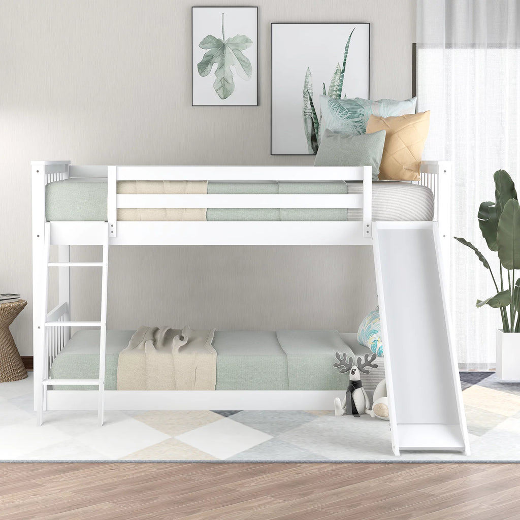 Twin over Twin Solid Wood Bunk Bed with Slide and Ladder F88336