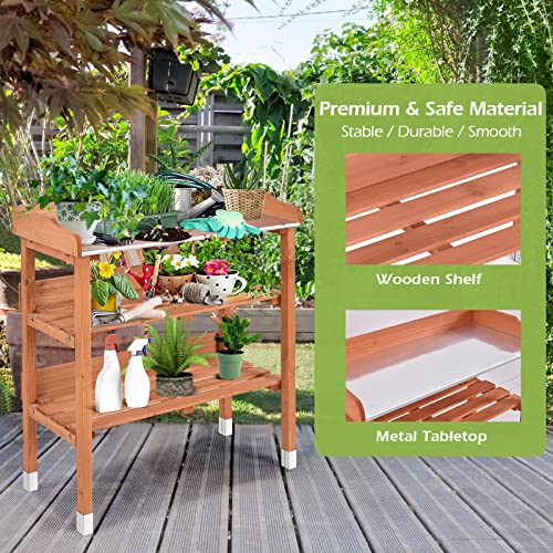 3 Tier Wooden Potting Bench with Hooks P997572