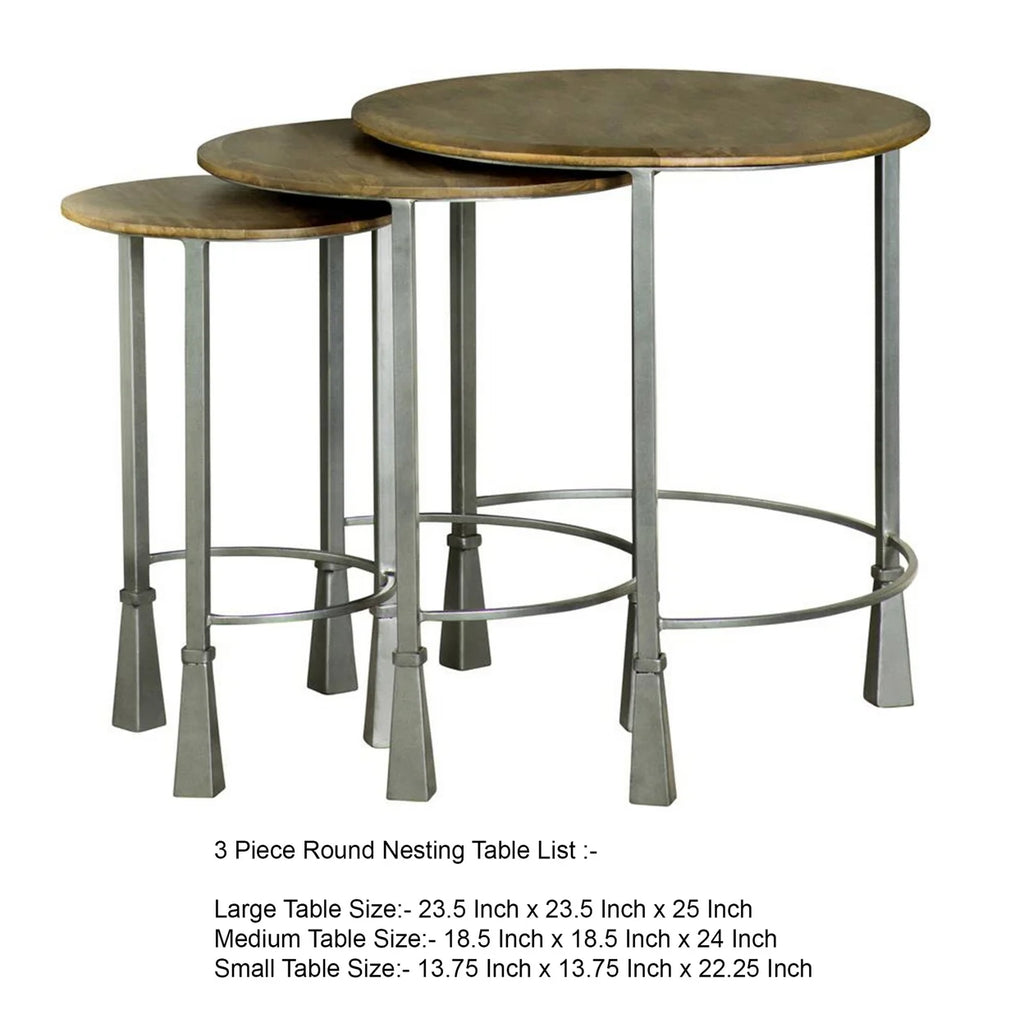 3 Piece Round Nesting End Table Set Gray Iron Legs Mango Brown Wood Q8487
