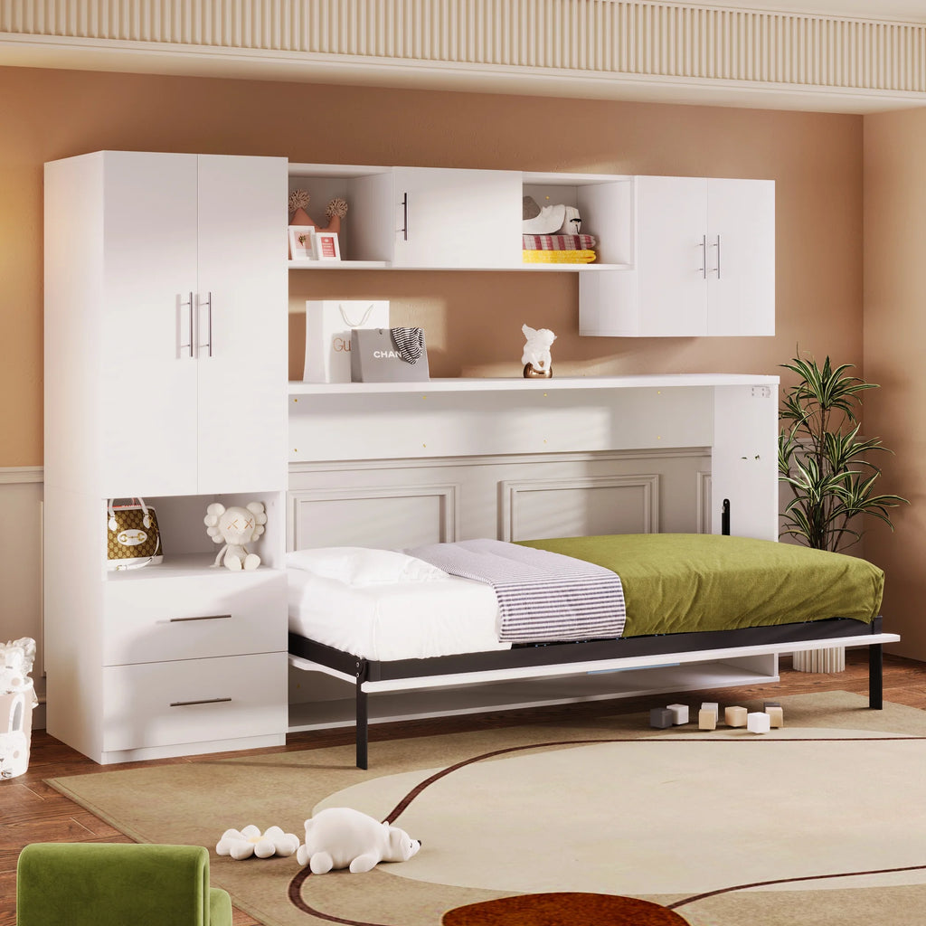 Twin Size Murphy Bed with Shelves Storage Drawers Wardrobe Table White Z58066
