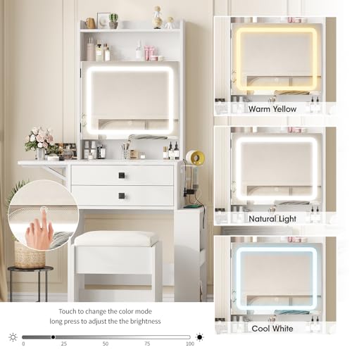 White Makeup Vanity Desk with Lighted Mirror and Chair X99870