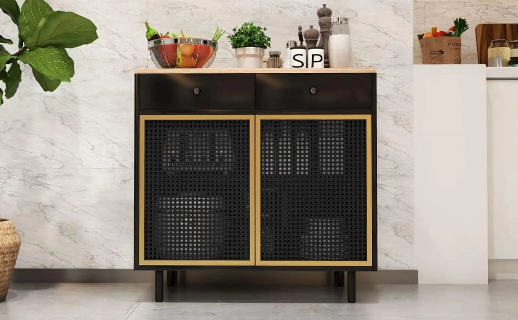 Modern Iron Rattan Buffet Sideboard Cabinet Set of 2 T286568