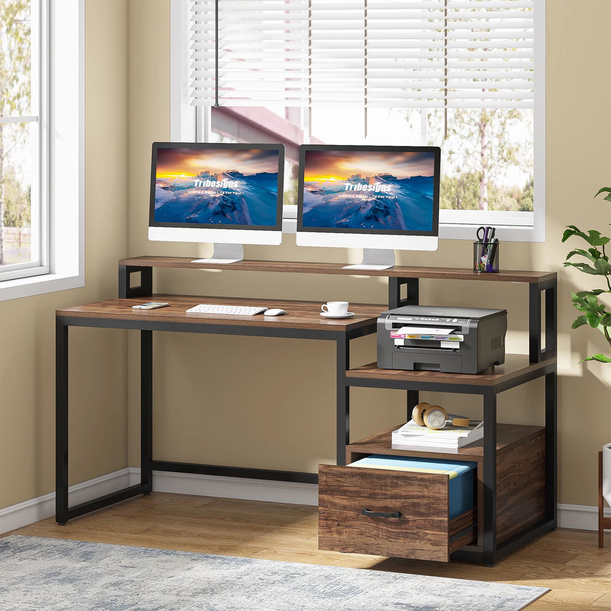 60 inch Computer Desk with File Drawer and Storage Shelves T714