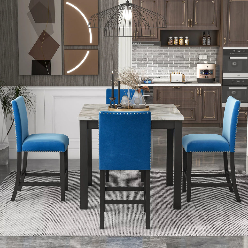Blue 5-Piece Faux Marble Dining Table Set with 4 Upholstered Chairs X35922