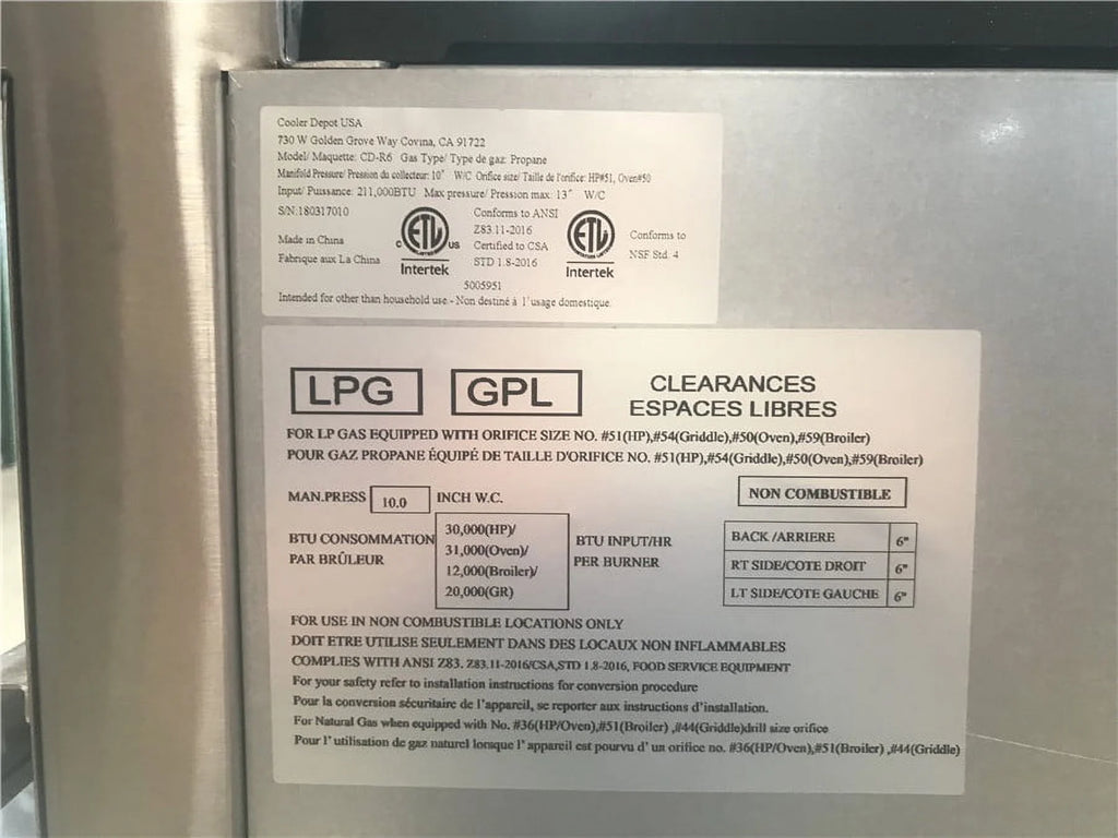 36" 6 Burners Commercial Range & Oven Stainless Steel 211000 BTU A99809