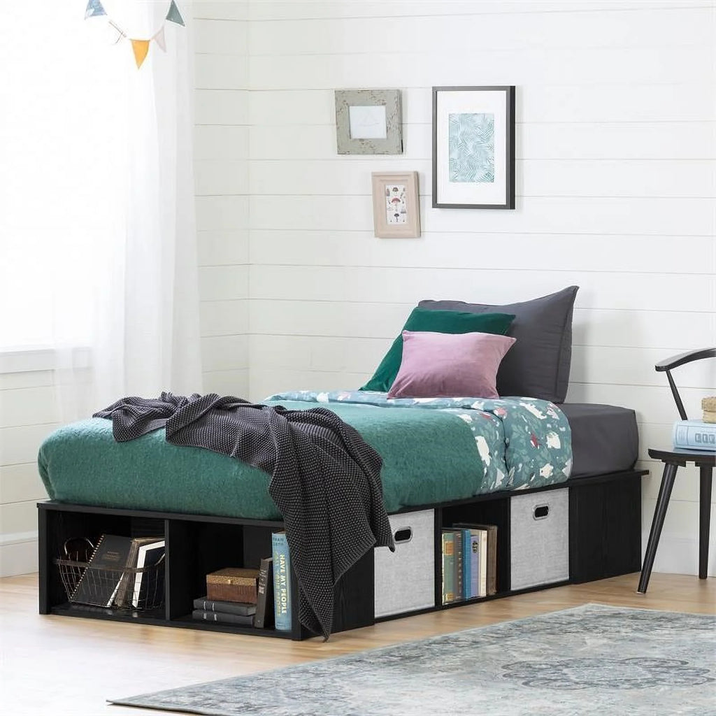 Black Wood Twin Platform Bed with Baskets E8625
