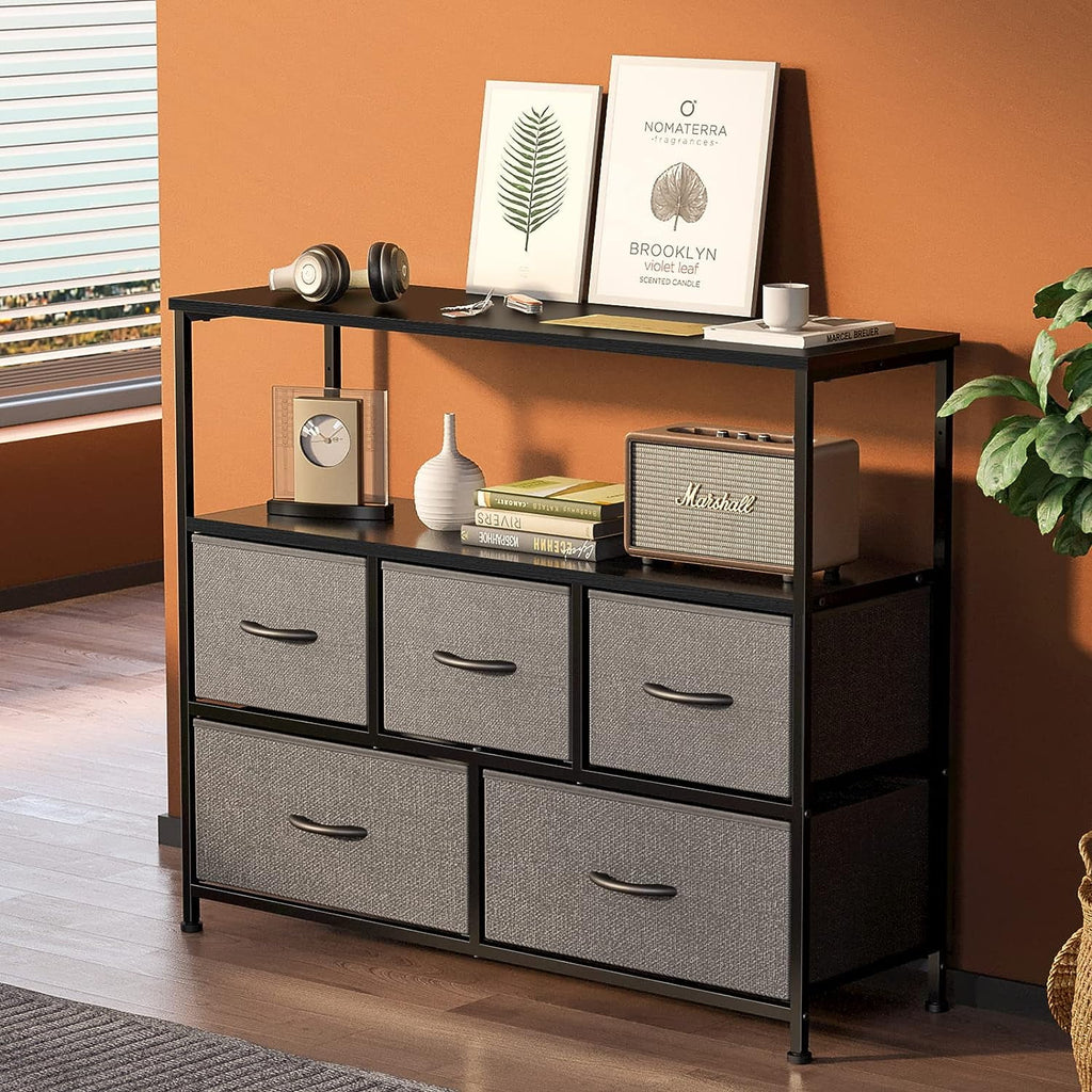 Dark Grey 5 Fabric Drawer Dresser TV Stand E8014
