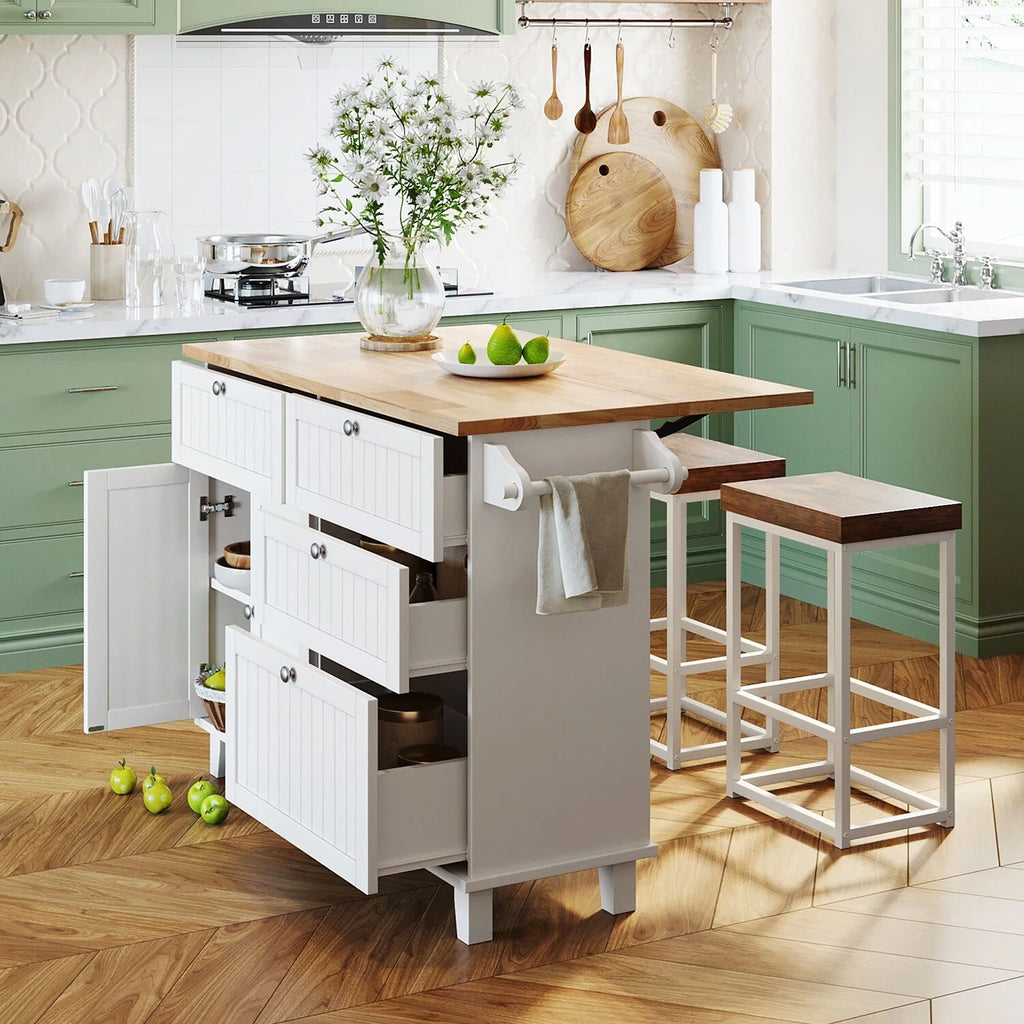 Blue Kitchen Island Set with Drop Leaf and 2 Seatings I736