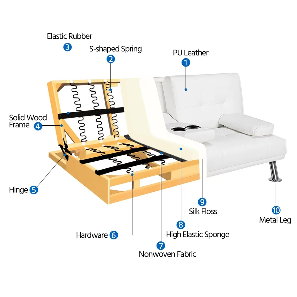 White Faux Leather Futon with Cupholders and Pillows Q420776