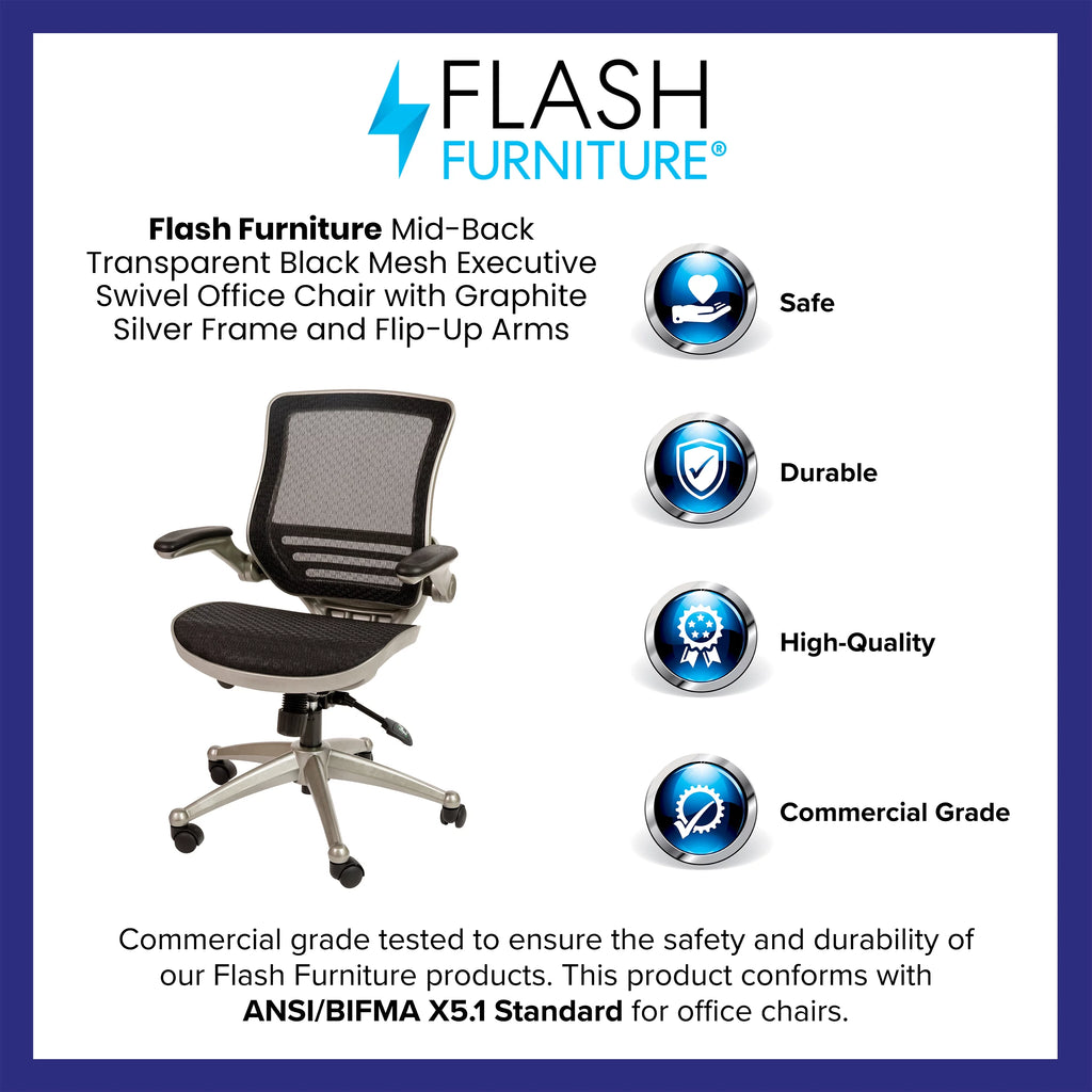 Mid-Back Transparent Black Mesh Executive Swivel Office Chair with Flip-Up Arms X756338