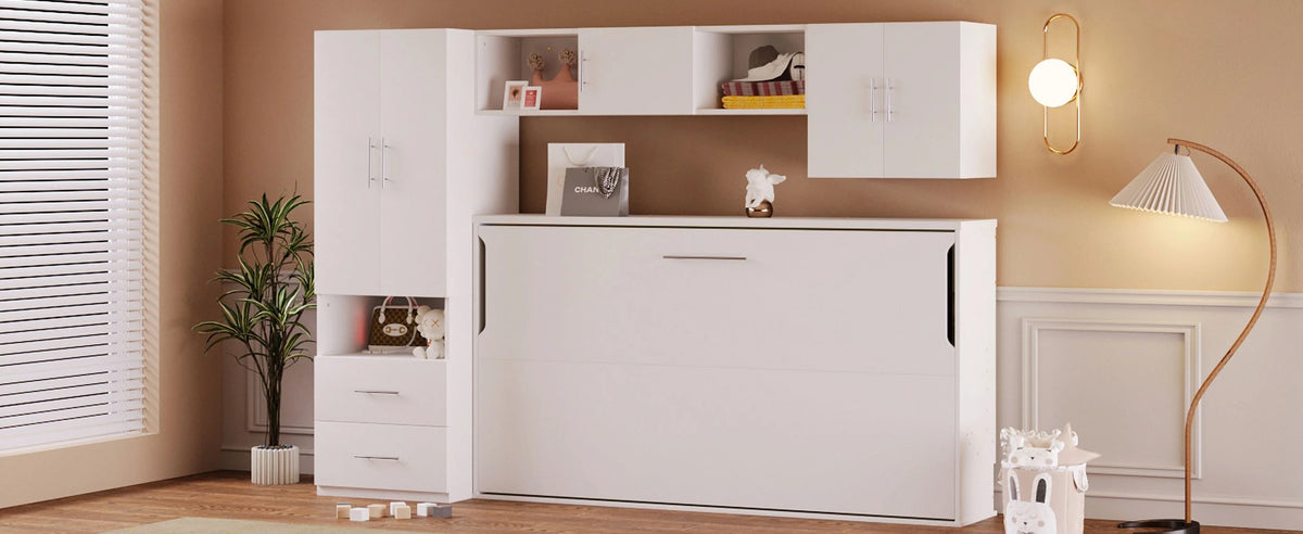 Twin Size Murphy Bed with Shelves Storage Drawers Wardrobe Table White Z58066