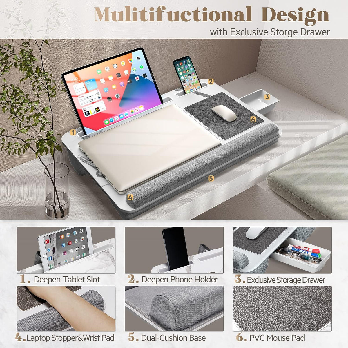 Foldable Lap Desk with Mouse Pad and Storage Drawer, Fits Up to 17" Laptop A634261