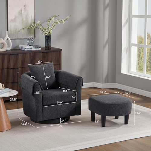Black Chenille Swivel Accent Chair with Ottoman I908
