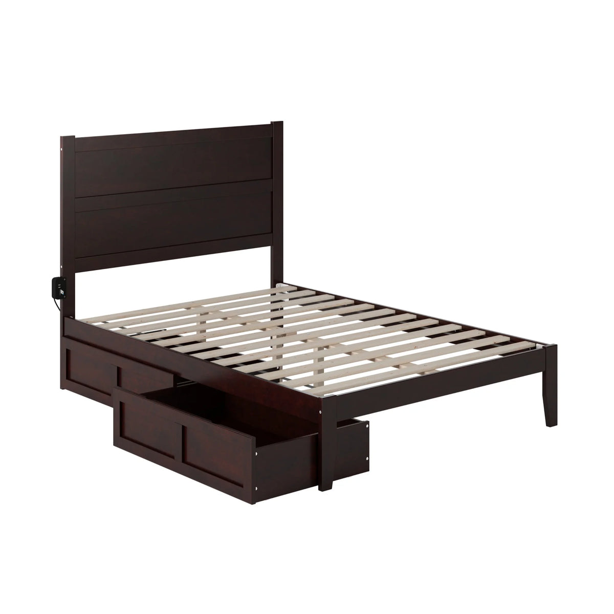 Full Solid Wood Bed with 2 Drawers and USB Charger in Espresso T91826