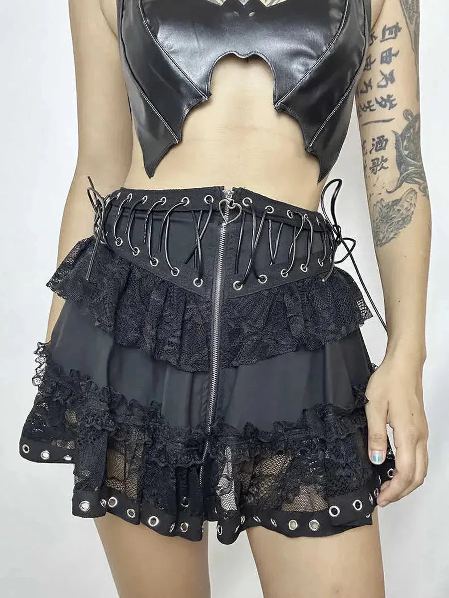 Goth Lolita Patchwork Lace Up Skirt M3666