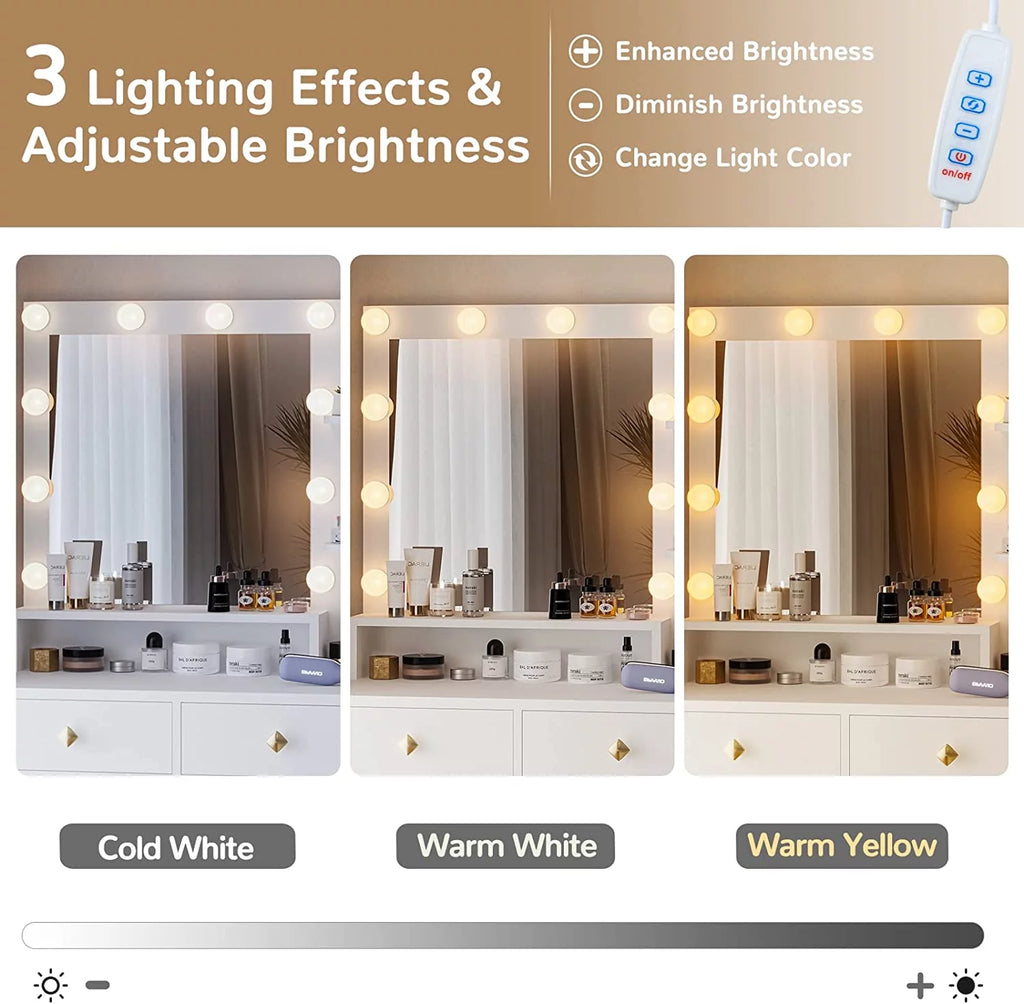White Makeup Vanity with Lights and 5 Drawers H872717