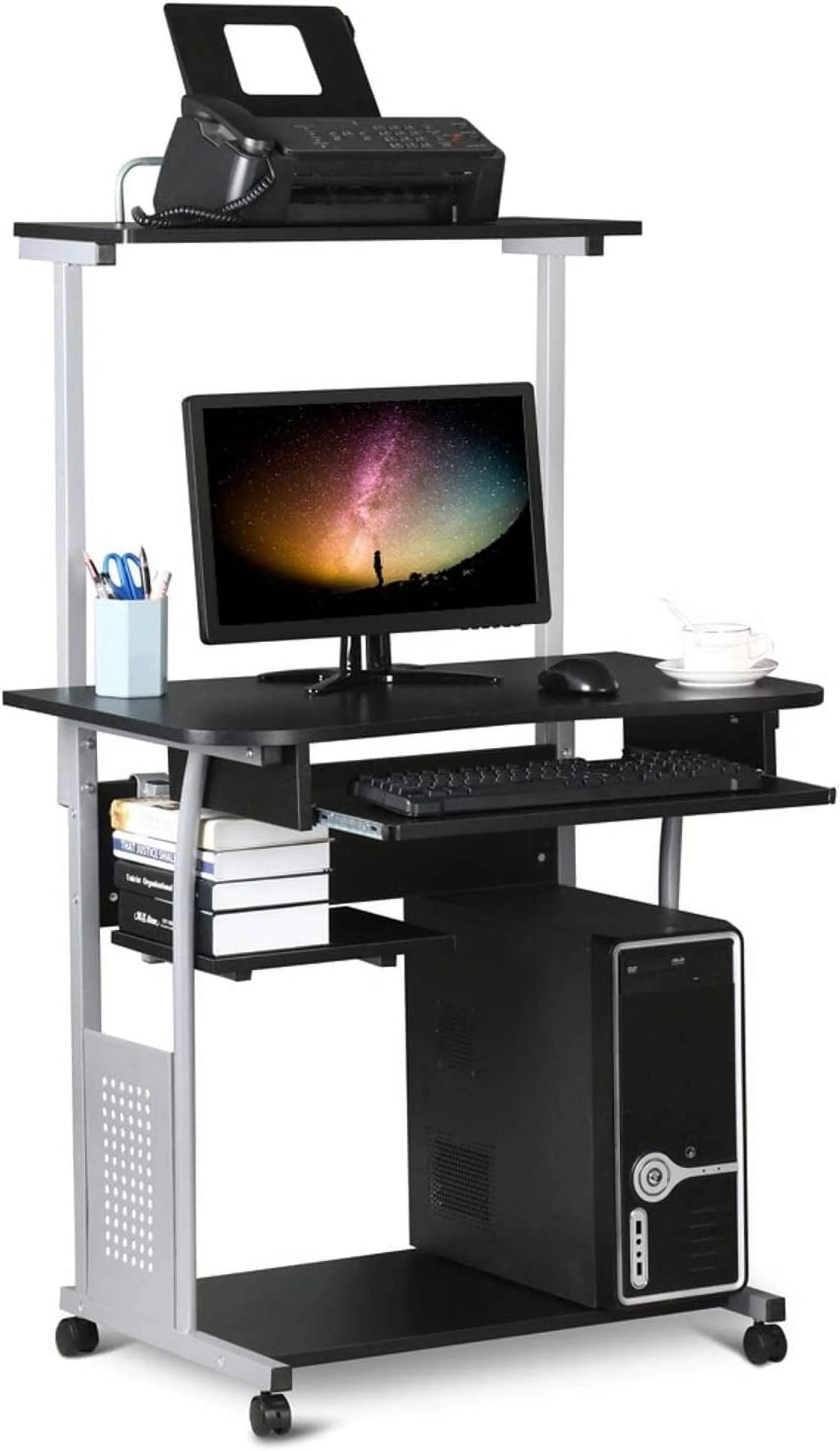 Black 2 Tier Mobile Computer Desk with Printer Shelf Q94175