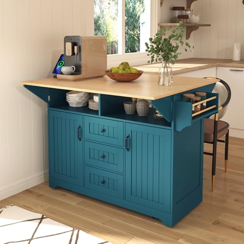 Farmhouse Kitchen Island with Power Outlet, Drop Leaf, Spice Rack and Drawer I325