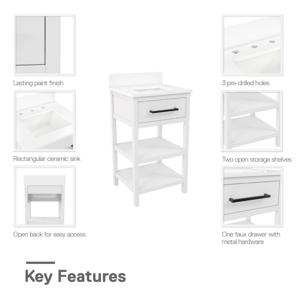 White 20 Inch Bathroom Vanity with Countertop and 2 Storage Shelves J295485