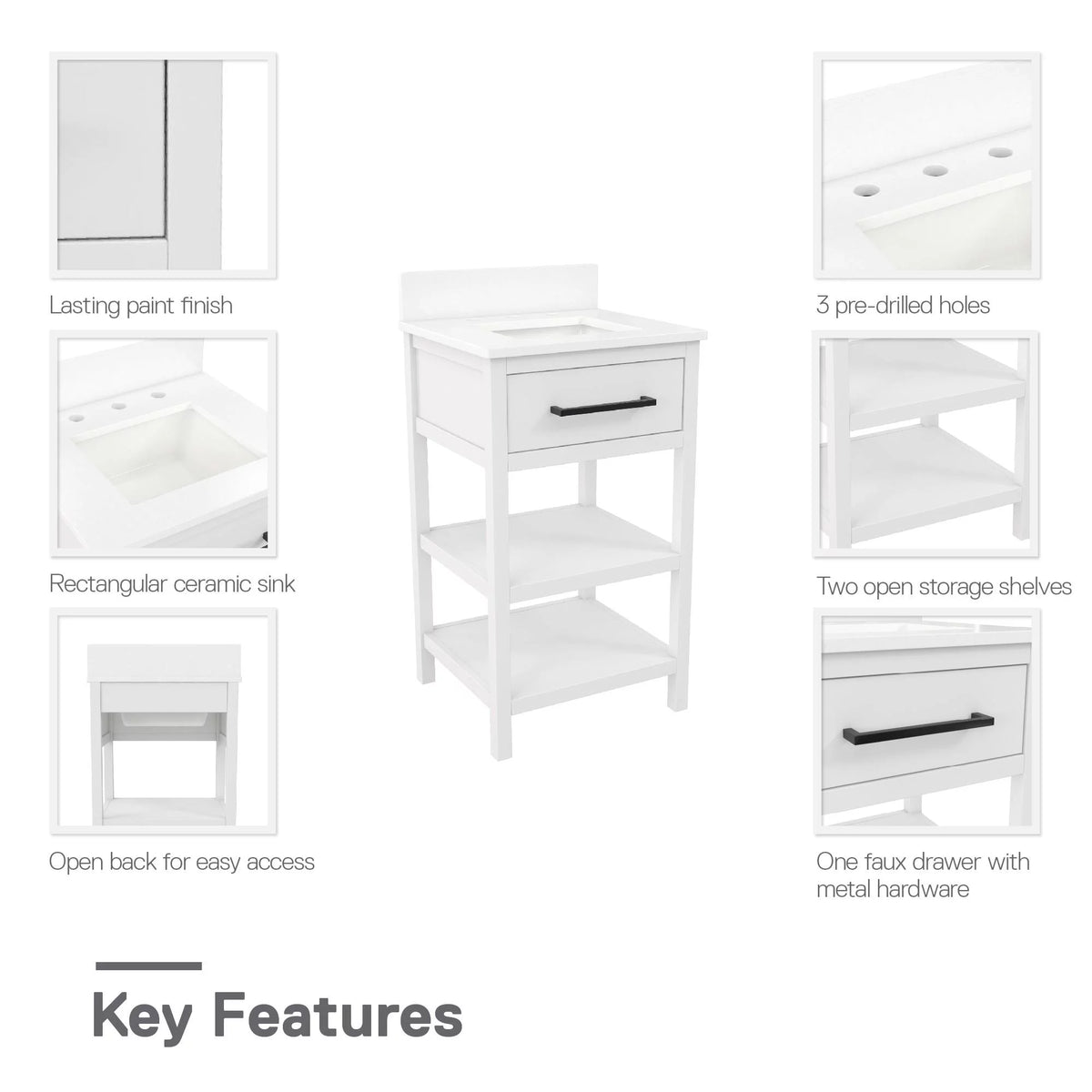 White 20 Inch Bathroom Vanity with Countertop and 2 Storage Shelves J295485