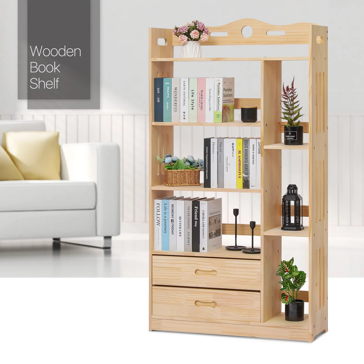 Wood 5 Tiers 2 Drawers Bookcase H42321