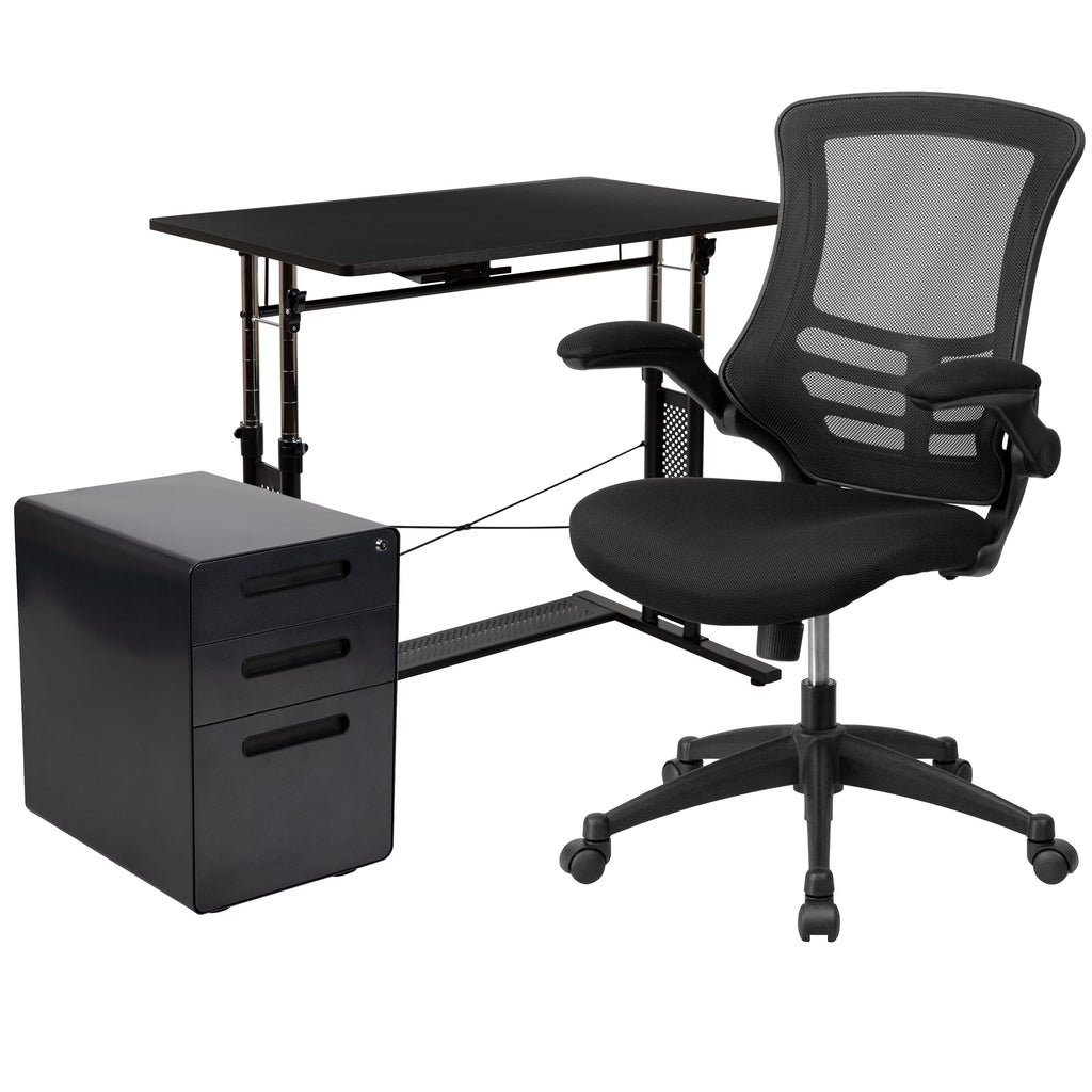 Adjustable Computer Desk, Ergonomic Mesh Office Chair and Mobile Filing Cabinet W943