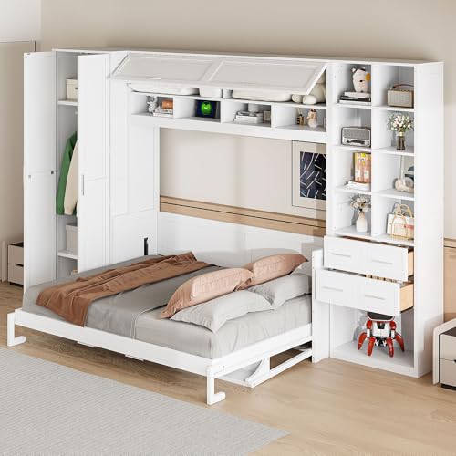 Queen Size Murphy Bed with Desk and Storage Drawers White Y389112