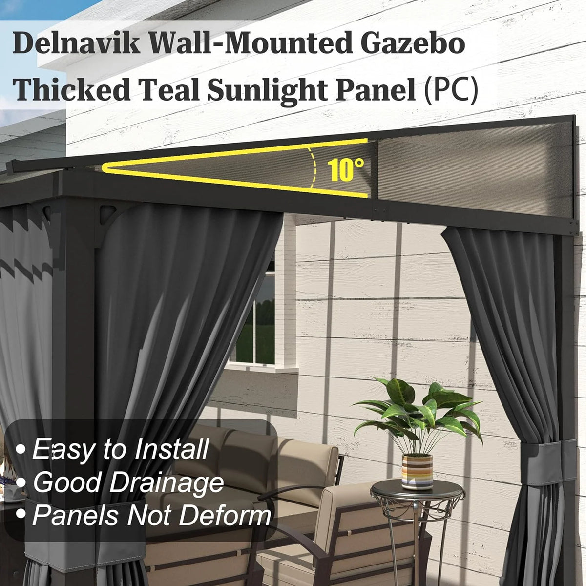 10x24FT Hardtop Wall Mounted Gazebo with Metal Frame and Curtains, Grey P4580