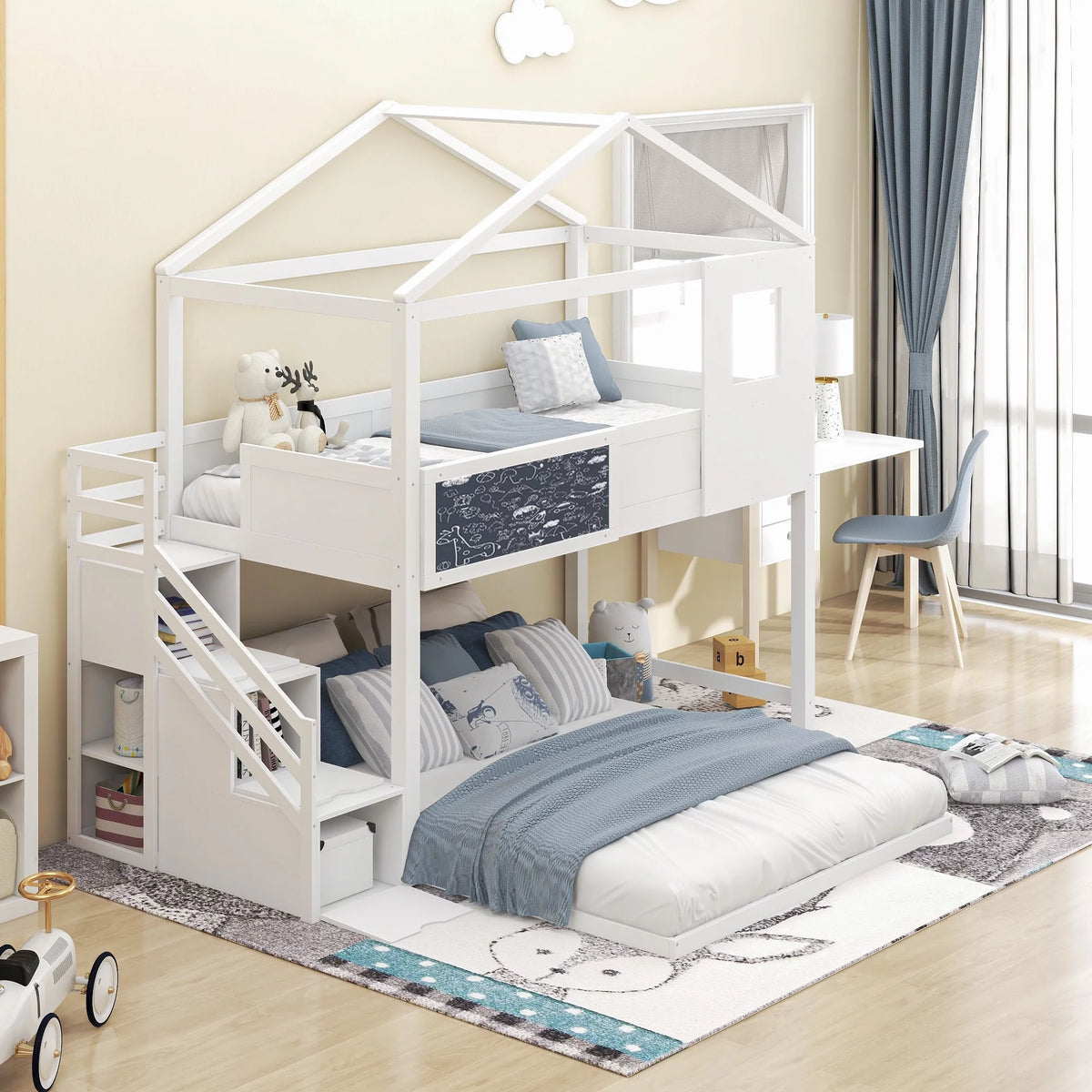 White Solid Wood Twin over Full Bunk Bed with Storage Staircase X91123