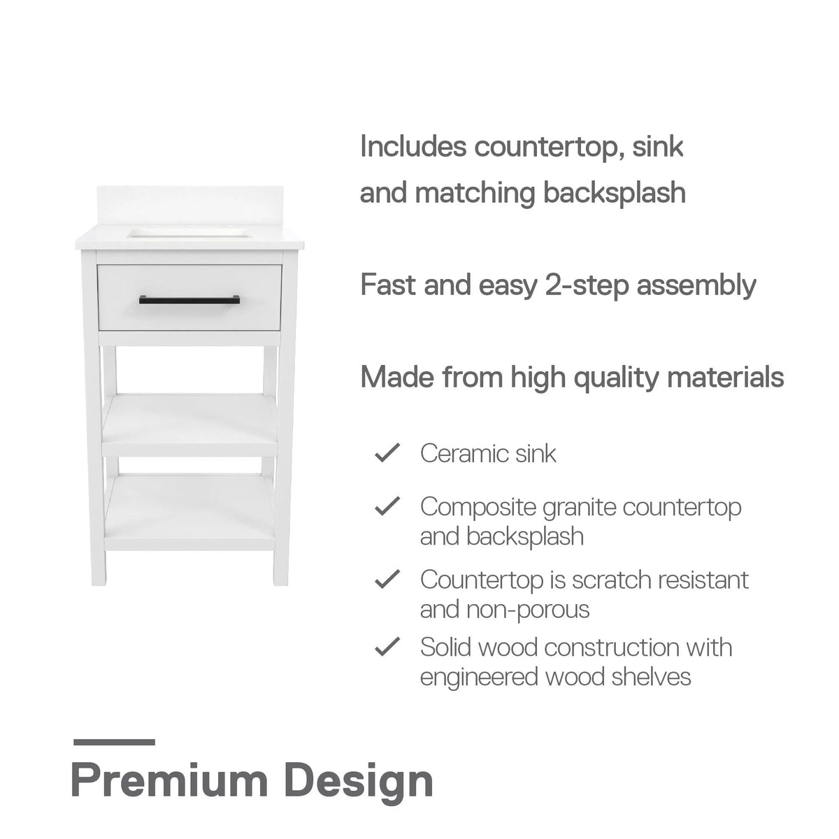 White 20 Inch Bathroom Vanity with Countertop and 2 Storage Shelves J295485