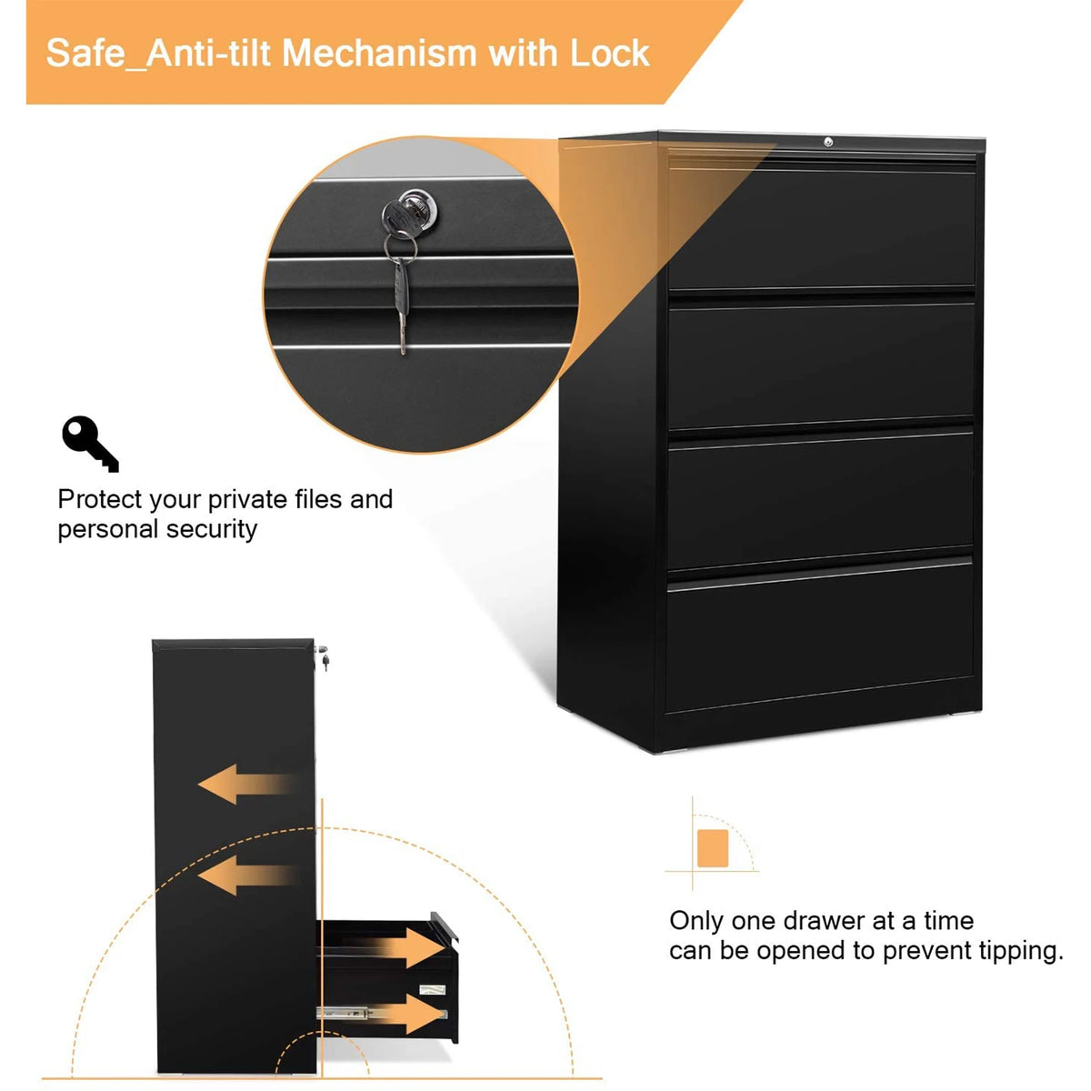 4 Drawer Black File Cabinet with Lock I5138