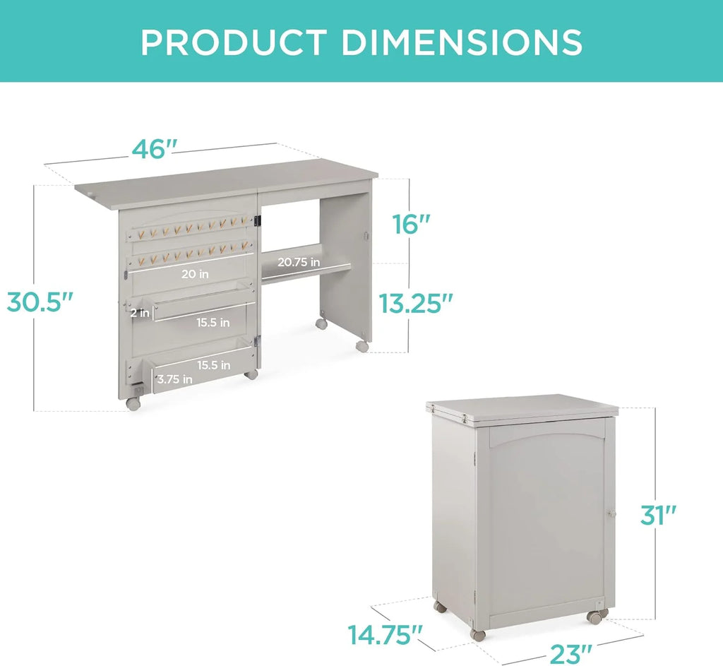 Folding Sewing Table Craft Station with Wheels Shelves Bins Gray C56397