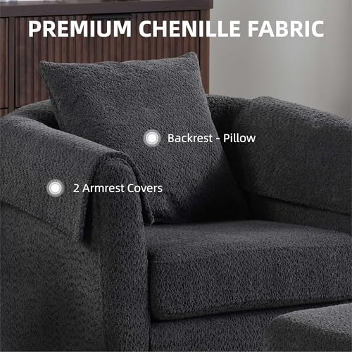 Black Chenille Swivel Accent Chair with Ottoman I908