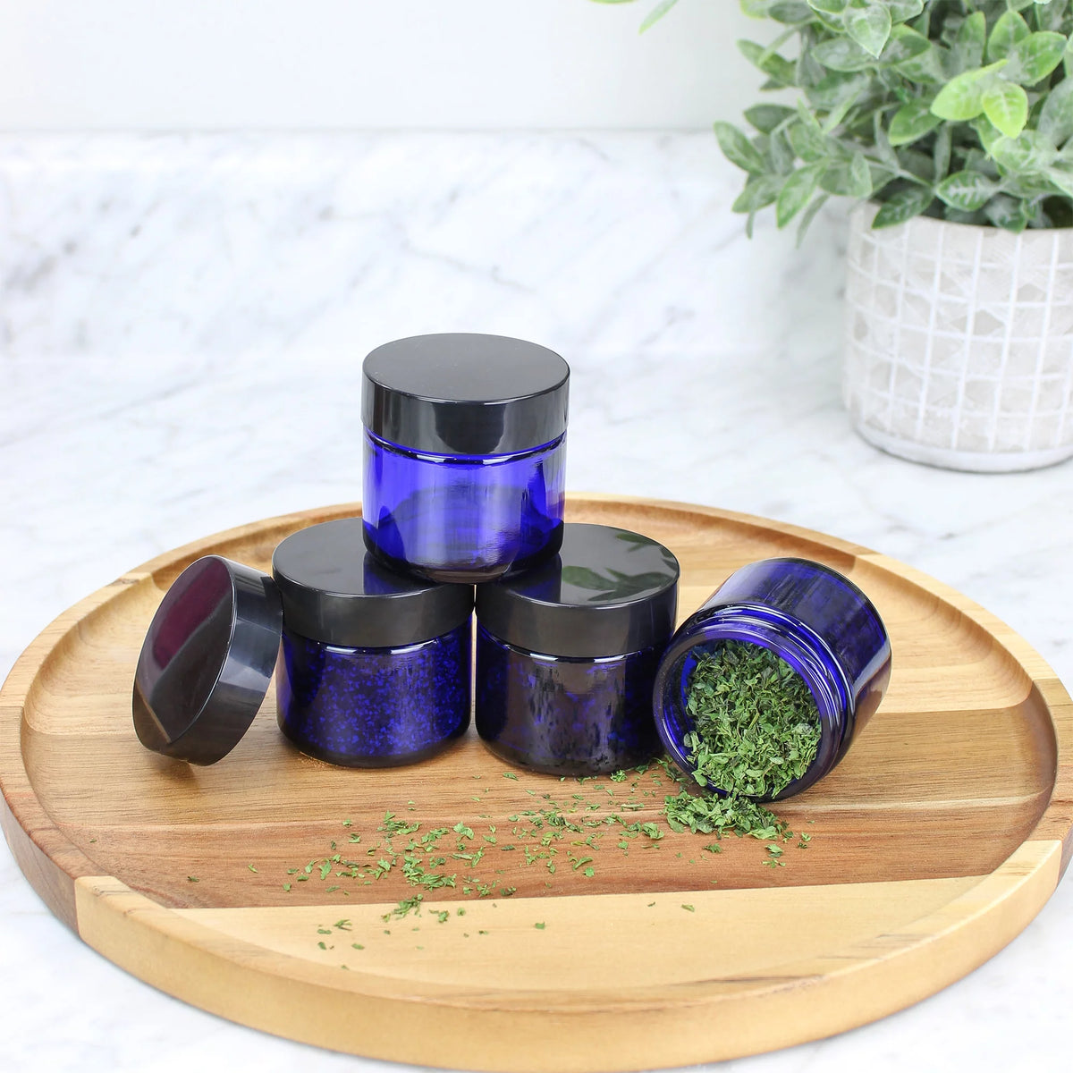 2 oz Cobalt Blue Glass Cosmetic Jars 12-Pack with Black Lined Lids W600