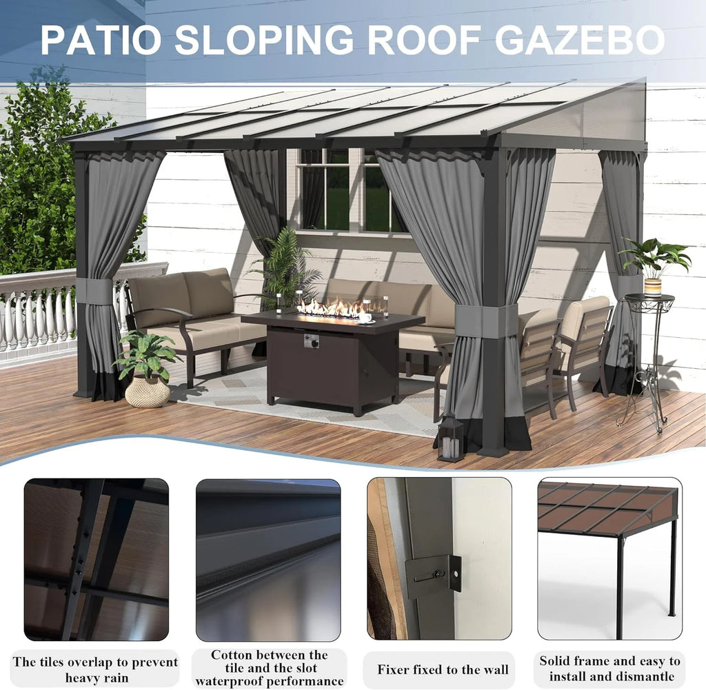 10x24FT Hardtop Wall Mounted Gazebo with Metal Frame and Curtains, Grey P4580