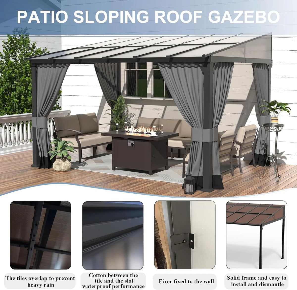 10x24FT Hardtop Wall Mounted Gazebo with Metal Frame and Curtains, Grey P4580