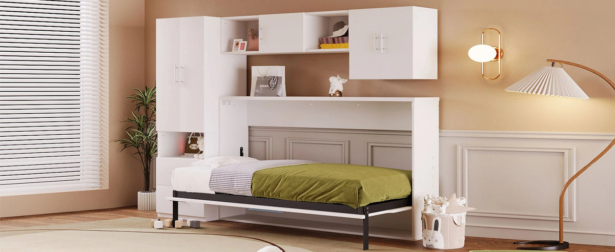 Twin Size Murphy Bed with Shelves Storage Drawers Wardrobe Table White Z58066