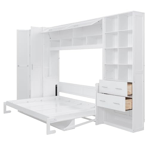 Queen Size Murphy Bed with Desk and Storage Drawers White Y389112
