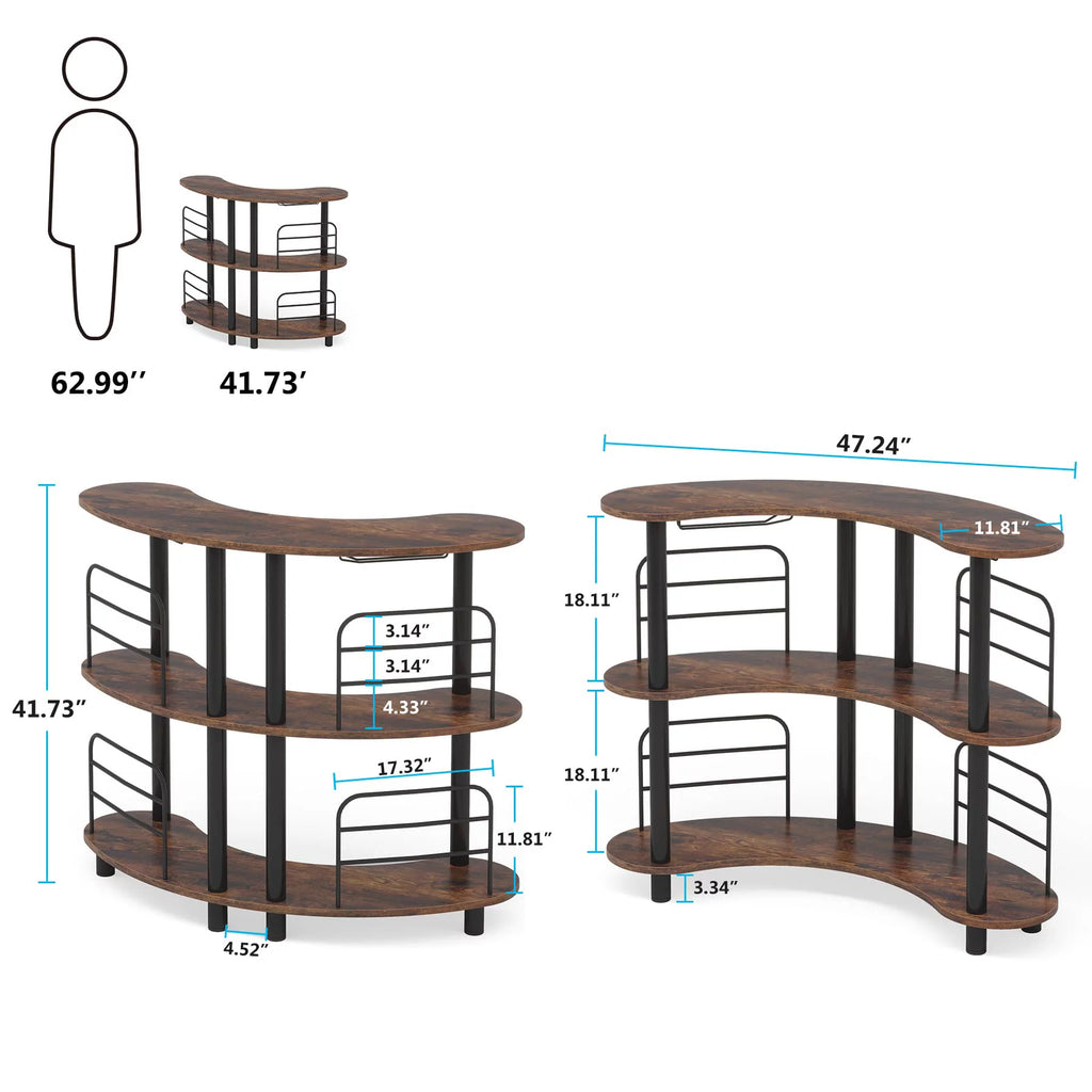 Rustic Brown 3 Tier Wine Bar Cabinet with Storage Shelves A379607