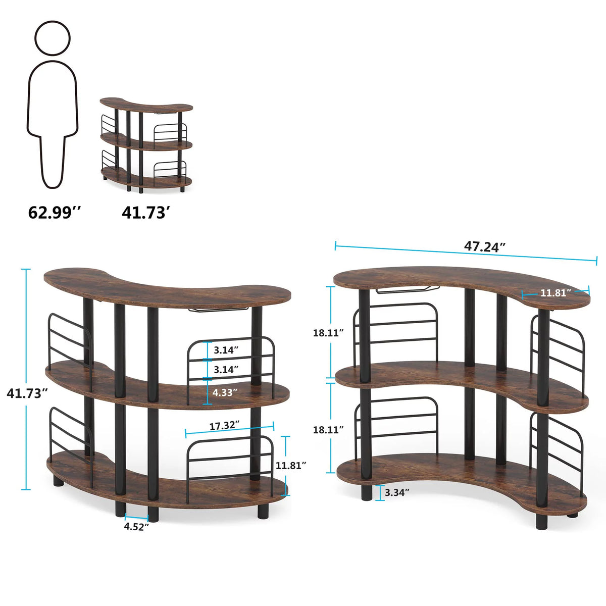Rustic Brown 3 Tier Wine Bar Cabinet with Storage Shelves A379607