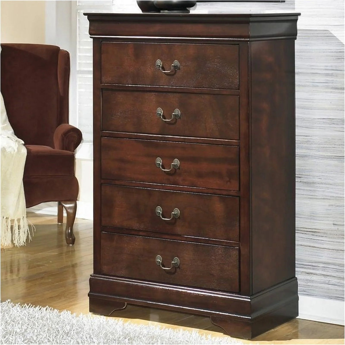 5 Drawer Wood Chest in Warm Dark Brown M6655