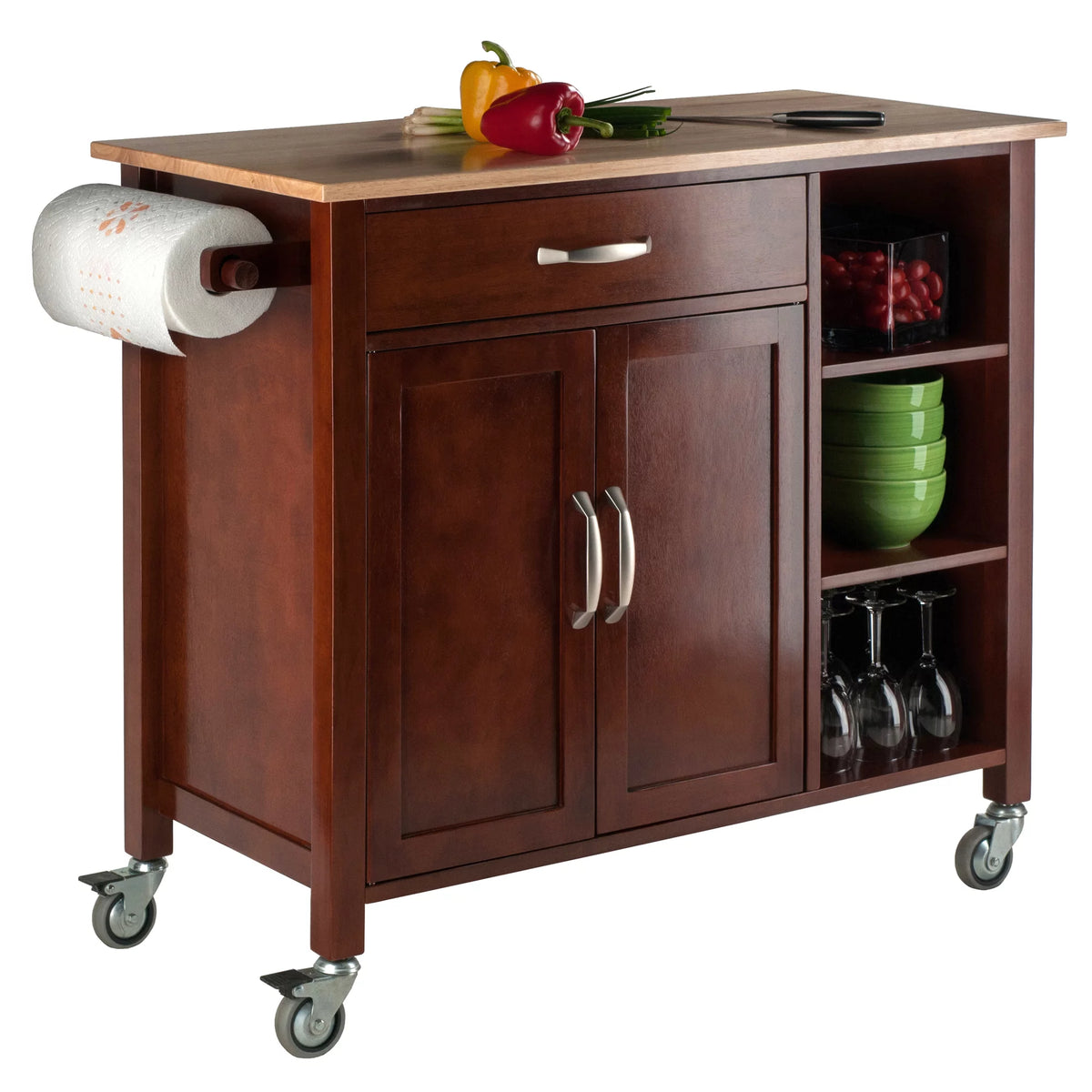 Beige and Brown Walnut Kitchen Cart with Drawer and Cabinet O582