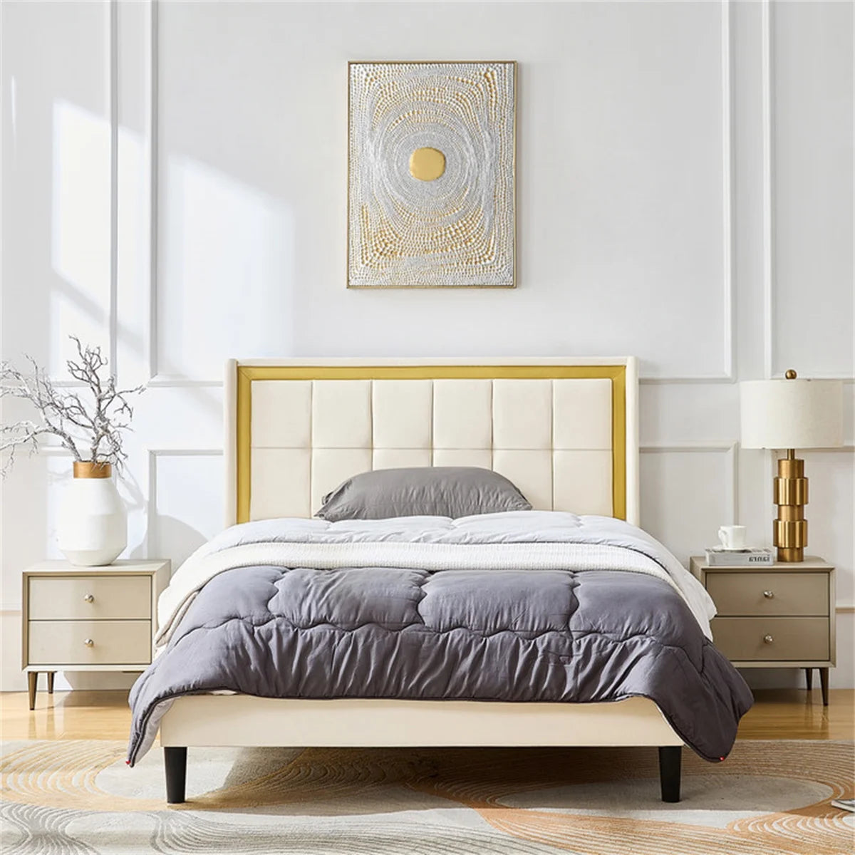 Queen Size Beige Upholstered Bed with Headboard G10939