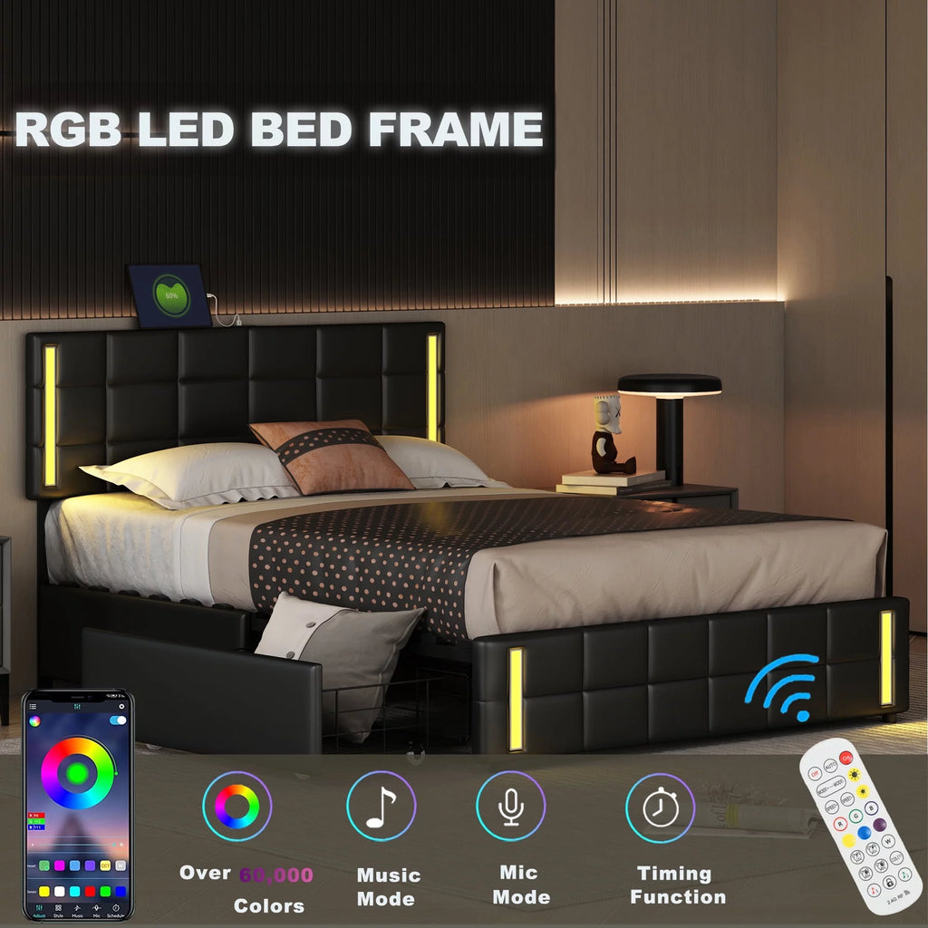 Queen Size Upholstered Platform Bed with LED Lights and USB Charging, 4 Drawers, Black S92292