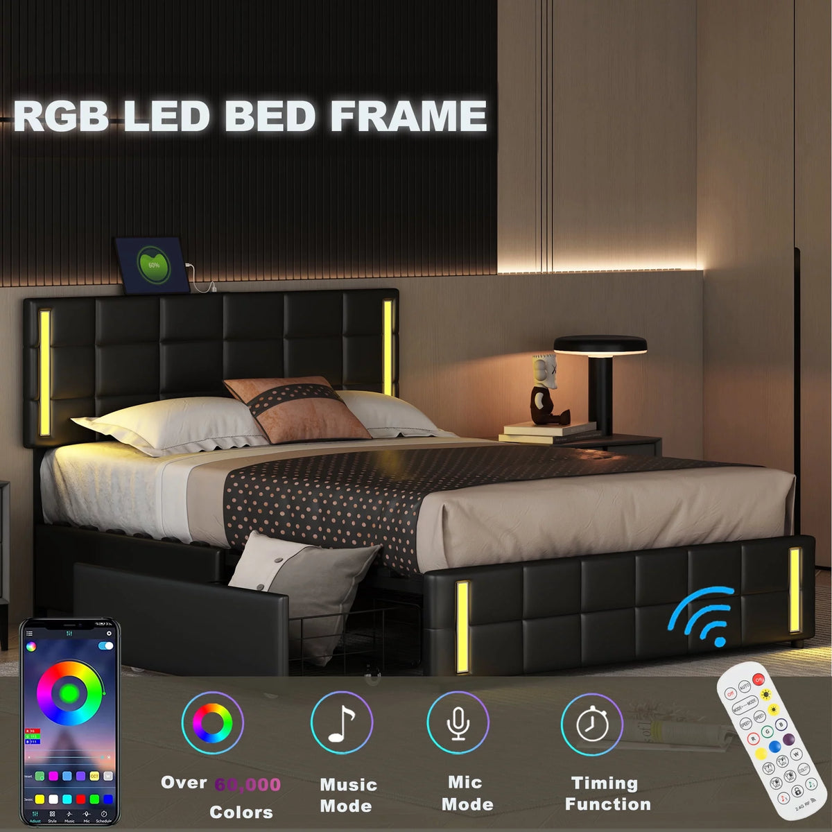 Queen Size Upholstered Platform Bed with LED Lights and USB Charging, 4 Drawers, Black S92292