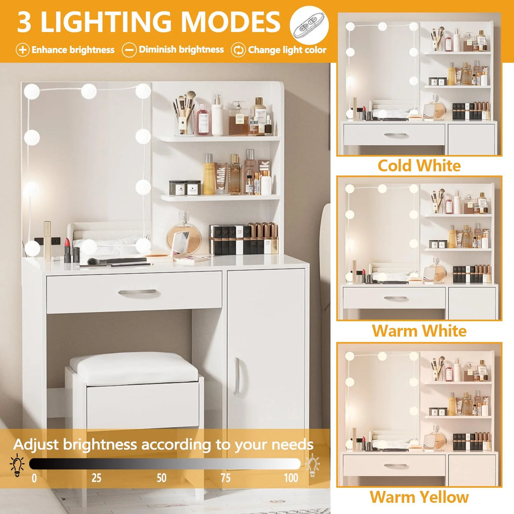 White Makeup Vanity Table Set with Lighted Mirror and Stool L27358